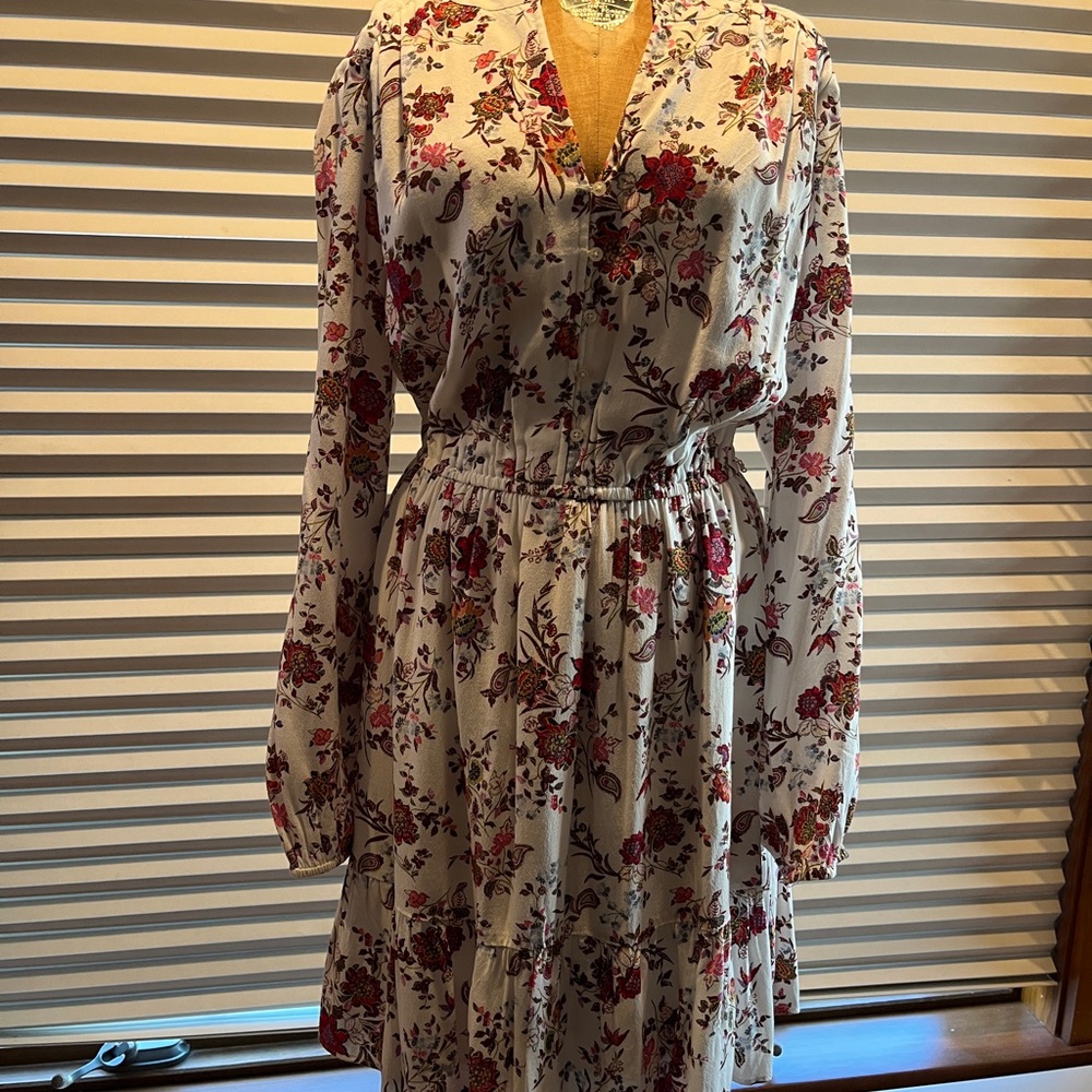 LOFT Floral Long Sleeve Dress in Red and Cream S